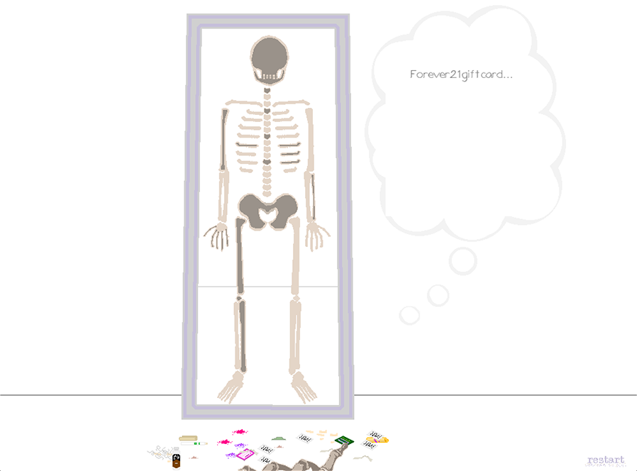 illustration of a skeleton with a thought bubble saying 'forever21 giftcard...'